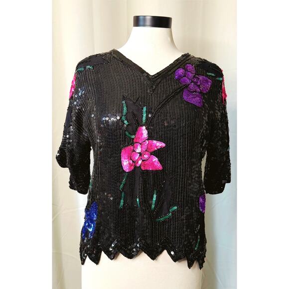 VTG 80s Petite Illustrations 100% Silk Sequin Glitter Floral Top - Picture 3 of 6